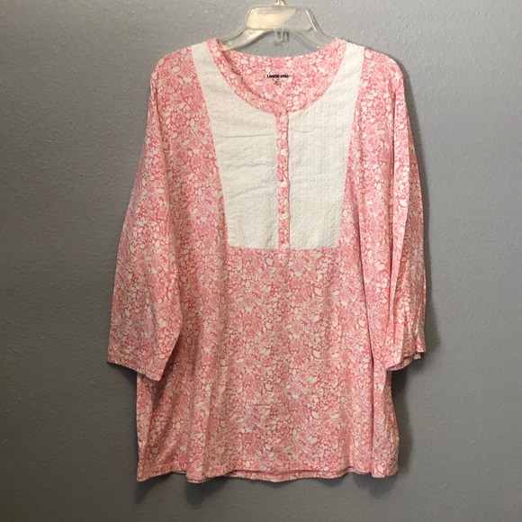 Lands Ends Blouse Women's 2x Pink white floral cotton spandex shirt Cottagecore - Picture 1 of 13